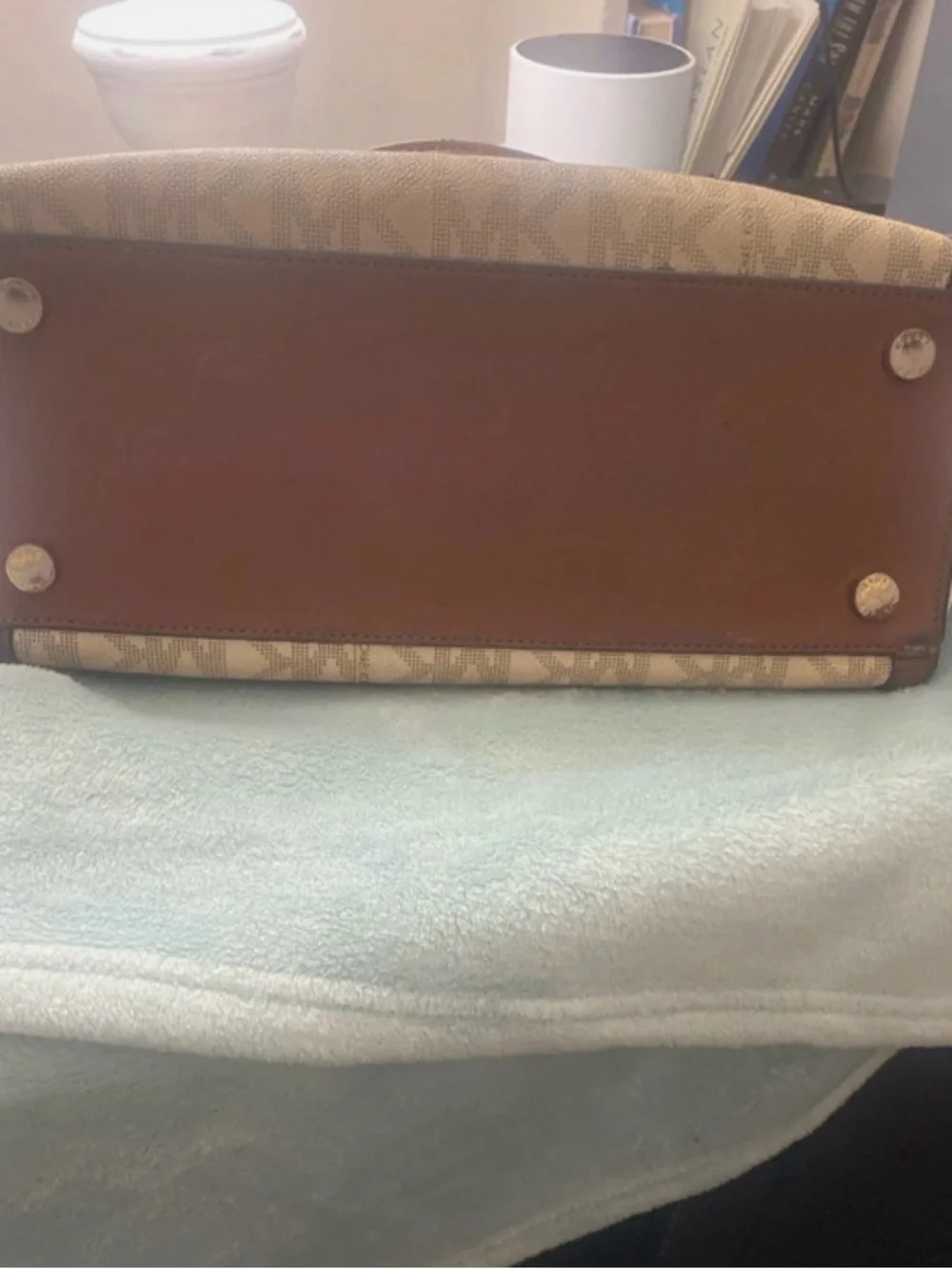 Michael Kors Beige Canvas and Brown Leather Satchel